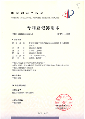 01 专利证书 肿瘤坏死因子相关的凋亡诱导配体融合蛋白及其制备方法_00